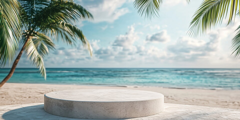 White stone podium with copy space for product display on tropical summer sand beach background