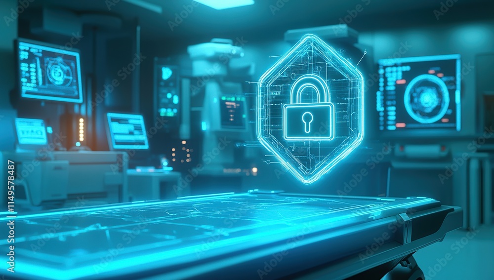Poster cybersecurity: digital lock enhances data protection system significantly in modern infrastructure