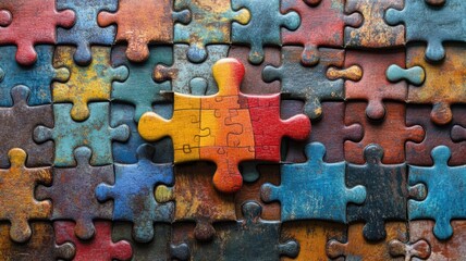 A colorful puzzle piece stands out among various other interlocking pieces, showcasing vibrant hues and textures in a playful arrangement.