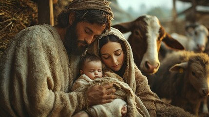 Obraz premium Embraced in warmth, Mary, Joseph, and baby Jesus share a tender moment in a humble stable surrounded by gentle animals, symbolizing love and peace during Christmas time