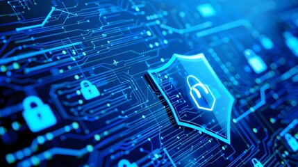 Digital Security Concept with Blue Circuit and Shield Symbol