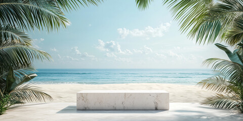 White stone podium with copy space for product display on tropical summer sand beach background