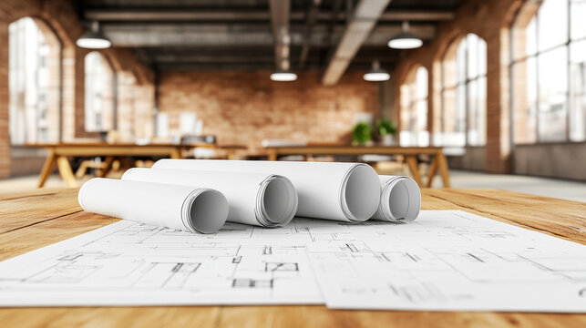 Rolled architectural blueprints scattered on wooden table in modern workspace. warm ambiance and industrial design create creative atmosphere for planning