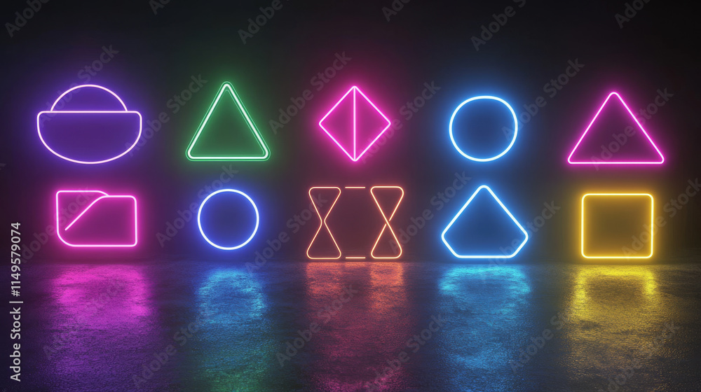 Poster neon geometric figures png set on transparent background. vector illustration of colorful square, tr