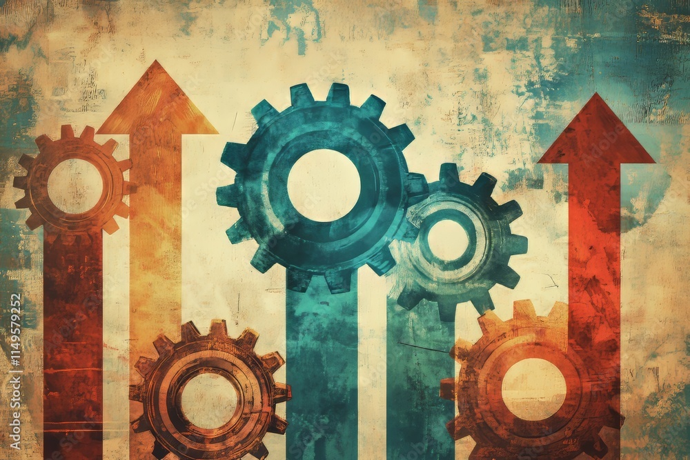 Poster conceptual illustration of interconnected gears with ascending arrows signifying progress and growth