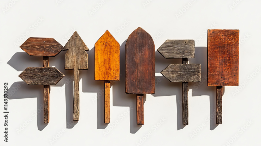 Poster realistic set of wooden signboards indicating direction. vector illustration of arrow sign posts wit
