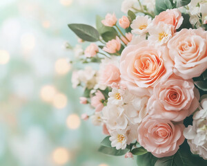 Obraz premium romantic close up shot of mixed pastel flowers, featuring soft pink roses and delicate white blooms, creating serene atmosphere
