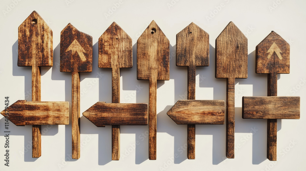 Poster realistic set of wooden signboards indicating direction. vector illustration of arrow sign posts wit