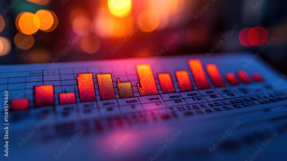 Poster close-up of a bar graph showing upward trend, illuminated by warm bokeh lights.