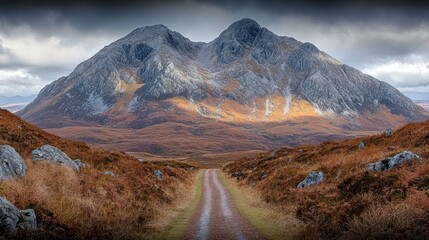 Obraz premium Scenic autumnal road leading to majestic mountains.