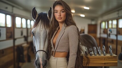 Elegant woman with horse in stable setting showcasing equestrian style and grace