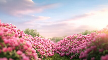 Obraz premium A serene landscape filled with vibrant pink flowers under a bright sky, creating a peaceful and picturesque natural scene.