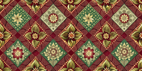 Ornate floral patchwork design featuring rich colors and intricate details.