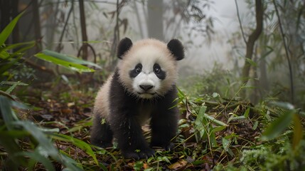 Obraz premium Adorable Baby Panda Exploring a Misty Bamboo Forest Landscape