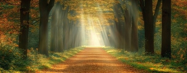 An enchanting forest path with tall trees and sunlight filtering through the leaves creating a magical and inviting ambiance