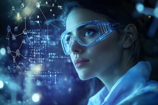 A scientist in lab coat and goggles amid chemical formulas representing industrial innovation