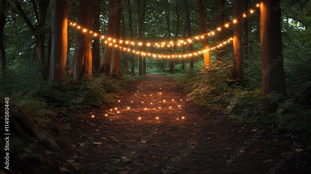 Poster a dirt path through a forest lit by string lights and candles at dusk.