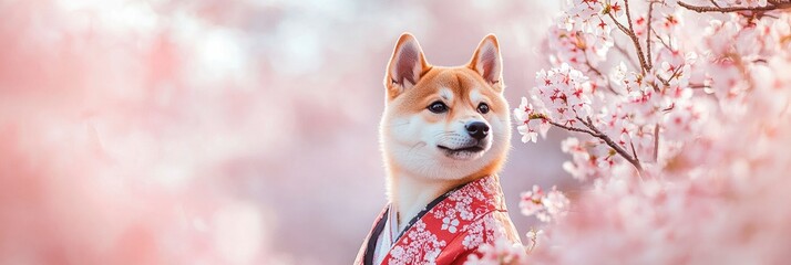 A cute Shiba Inu dog wearing a traditional Japanese kimono is surrounded by blooming cherry blossoms, exuding an aura of cuteness and elegance.