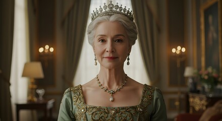 Elegant Elderly Queen in Regal Attire and Crown

