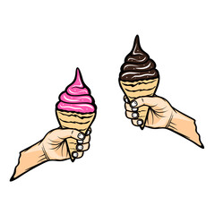 right hand holds chocolate ice cream left hand holds pink ice cream vector illustration