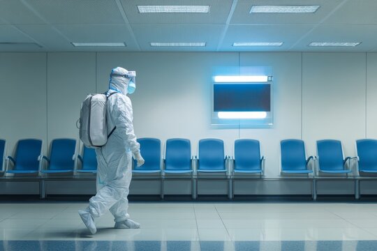Man in protective gear disinfects waiting area with blue chairs under bright lighting - Powered by Adobe