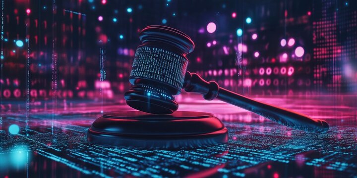 A digital gavel surround by glowing binary code background