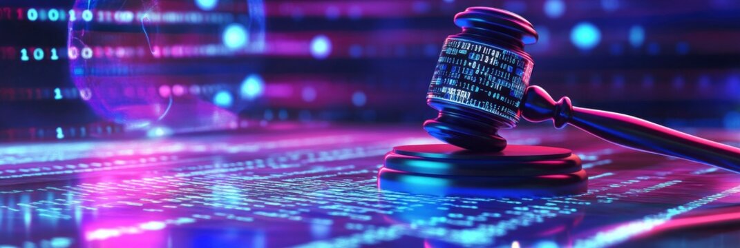 A digital gavel surround by glowing binary code background