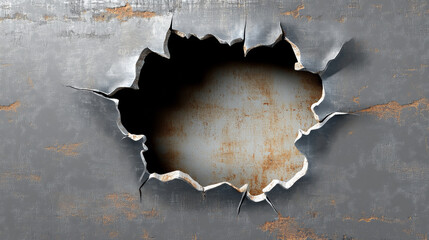 Metal rip hole with curly edges, ragged vertical crack, cut damage on steel sheet. Torn slash, gun aperture design element isolated on transparent background Realistic 3d vector illustration, clip art