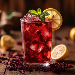 Refreshing iced hibiscus tea drink garnished with lemon and mint on a rustic wooden table.