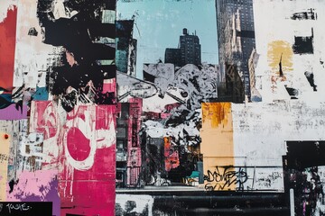 Vibrant urban collage featuring striking street art graffiti and captivating cityscape visuals