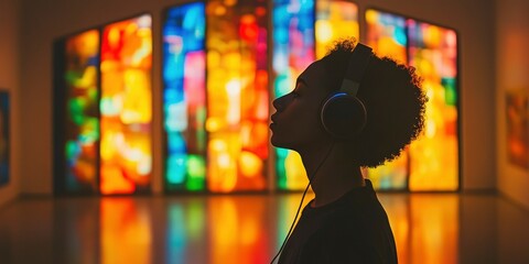 back view of a person wearing headphone and looking at colorful stained glass windows in an art gallery