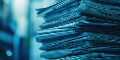 A stack of newspapers, media and news in digital marketing. Vibrant blue hues with a blurred background for depth.