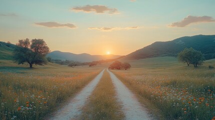 Serene country road at sunset through a meadow filled with wildflowers.