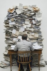 A tired man sits at his desk, surrounded by stack of papers and documents, against a white background