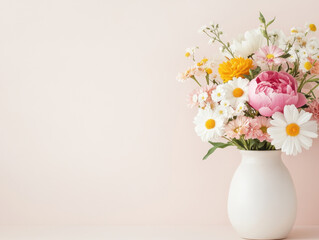 vibrant floral arrangement featuring mix of bright daisies, peonies, and cheerful blooms in white vase, perfect for any occasion