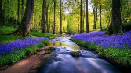 Obraz premium Serene View of a Stream Flowing Through Lush Forest