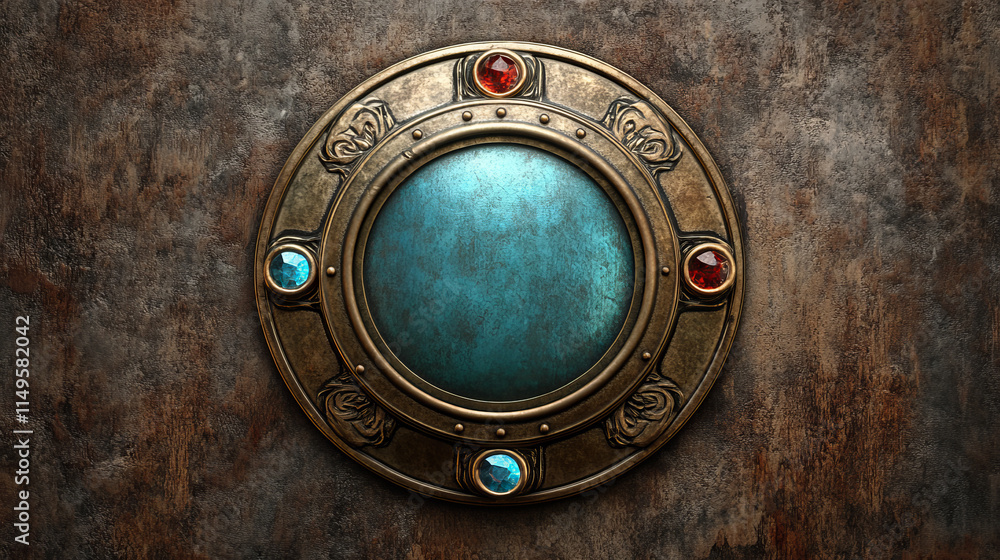 Poster medieval bronze game button. isolated fantasy interface title. metal border with gem vector design. 