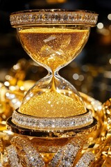 an hourglass filled with golden sand surrounded by gold and diamonds