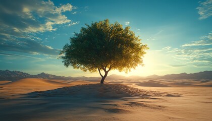 A lush green tree at the heart of expansive desert sand dunes, symbolizing resilience and hope in the battle against climate change, ultrarealistic, 8K