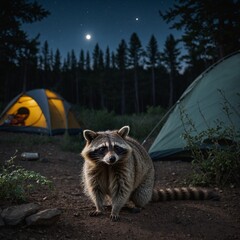 A curious raccoon exploring a moonlit campsite.