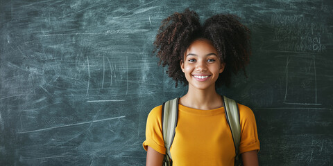 Young confident smiling female high school student standing in front of chalkboard in classroom, wearing a backpack. Education concept banner.