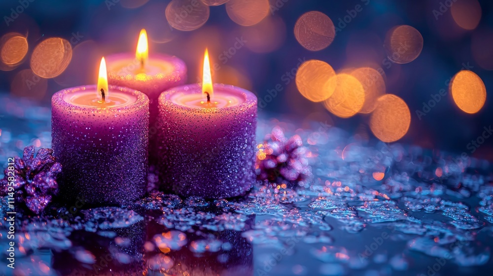 Poster four beautifully lit purple advent candles cast a warm glow against a backdrop of sparkling bokeh li