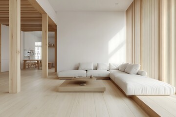 Minimalist living room with white sofa, wooden floors, and large window.