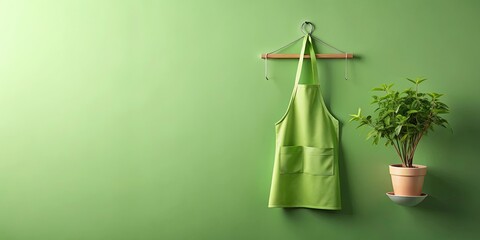 Green apron hanging on a green wall with a small potted plant on it, fresh produce