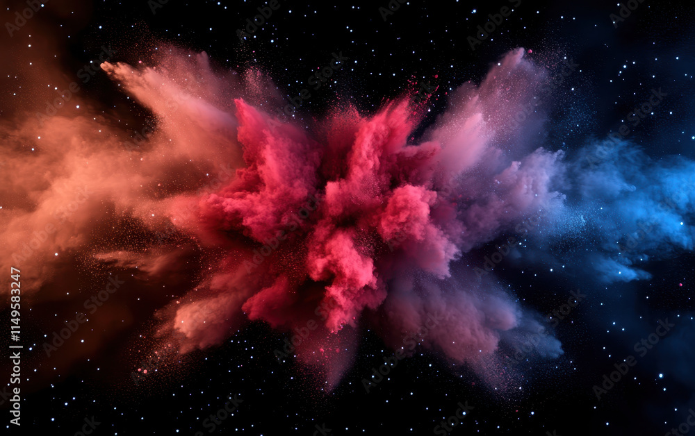 Poster abstract explosion of multicolored powders creating cosmic effect, showcasing vibrant hues against d