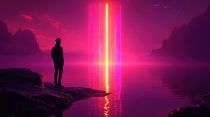 Obraz premium Silhouetted figure gazing at a vibrant, neon portal over a tranquil, pink-hued lake.