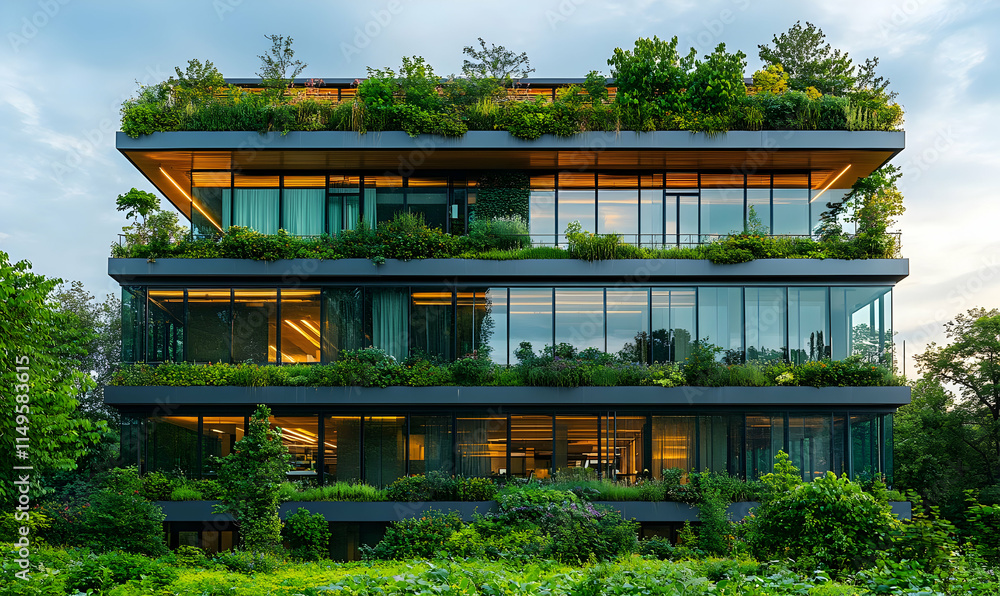 Poster modern building with lush greenery integrated into its architecture.
