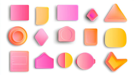 Colorful stickers of different shapes with shadow and folded edges, tags, sticky notes for memo mockup isolated on a white background. Paper adhesive tape, empty blanks Realistic 3d vector set