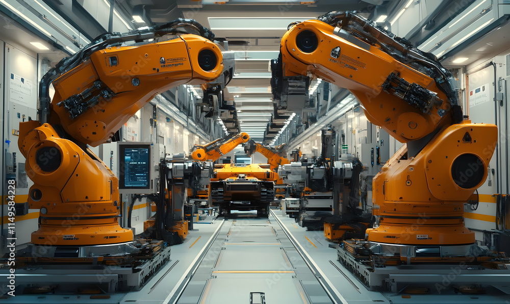 Poster a modern industrial setting with robotic arms assembling vehicles in a high-tech environment.