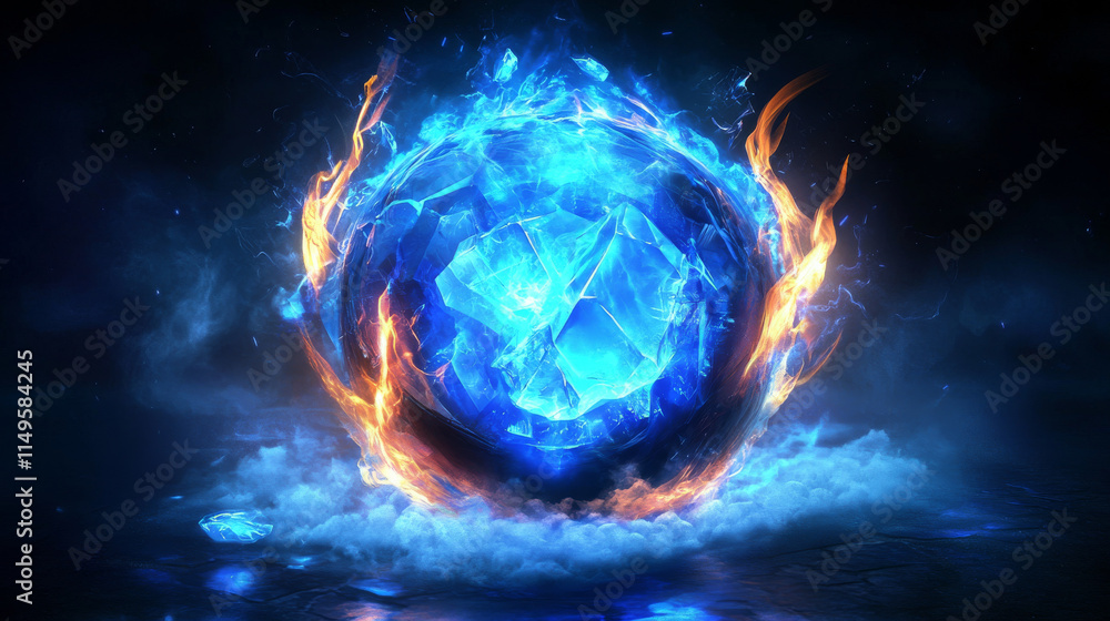 Poster magic energy ball and blue fire power orb game icon with light glow effect. fireball sphere round ve
